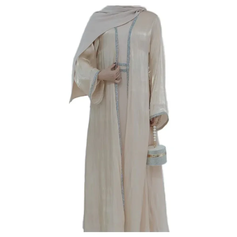 

Muslim Clothing Islamic Clothing For Adults Solid Color Trim Ladies Robe Cardigan Abaya Set With Chiffon Hijab For Prayer