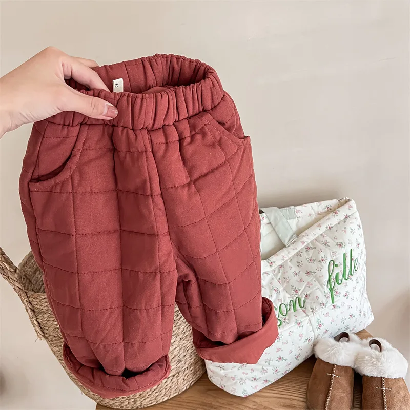 2024 Childrens Winter Wear New Korean Cotton Thickened Casual Pants for Girls Winter Simple Pants