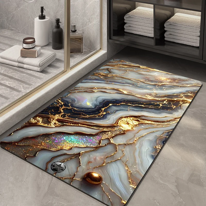 Black Gold Iridescent Marble Bath Rug Glittering Vein Design Non-Slip Silicone Backing Mat