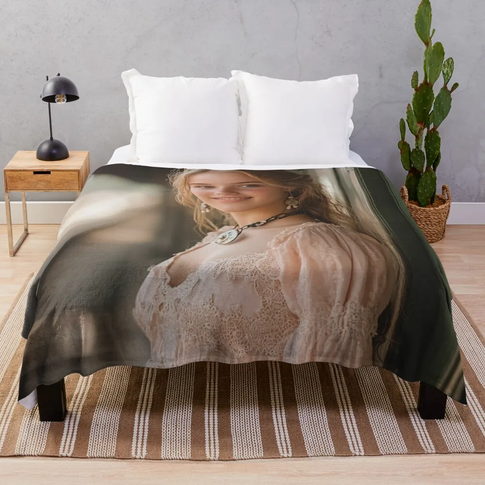 

Beautiful Young Lady in a Soft Pink Vintage Dress with a Smile Throw Blanket Bed Polar manga Blankets