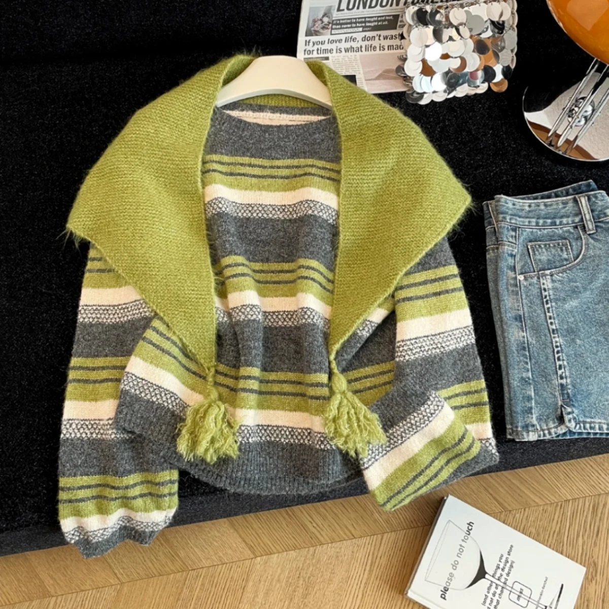 Vrouwen groen gestreepte gebreide trui sjaal trui jaren 2000 vintage lange mouwen gezellige kasjmier trui voor dameskleding lente herfst