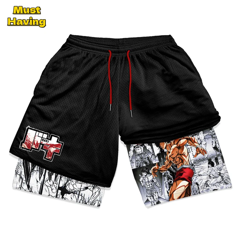 Stylish Anime Baki Hanma Graphic Shorts for Men Athletic Gym Workout 2 in 1 Shorts with Compression Liner Fitness Activewear