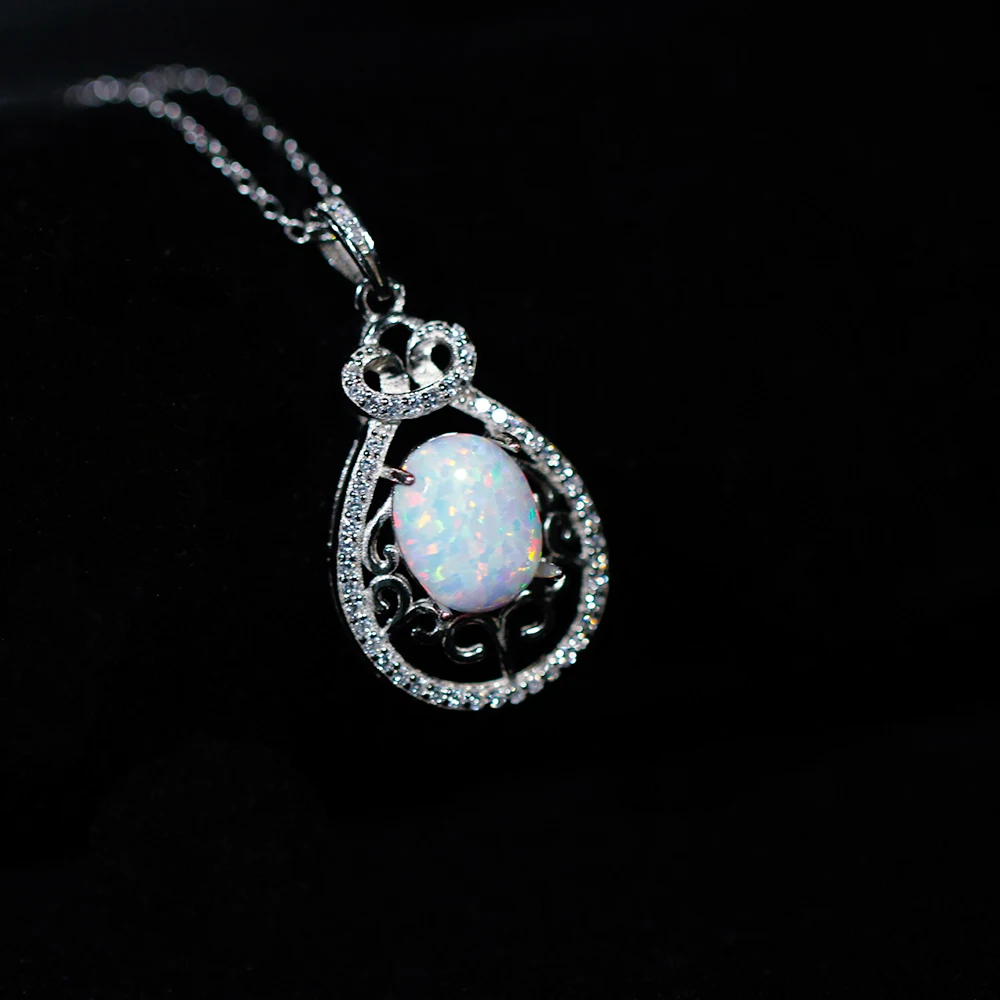 

White Opal Pendant Sterling Silver Pear Shaped Pendant White Gold Elegant Pattern