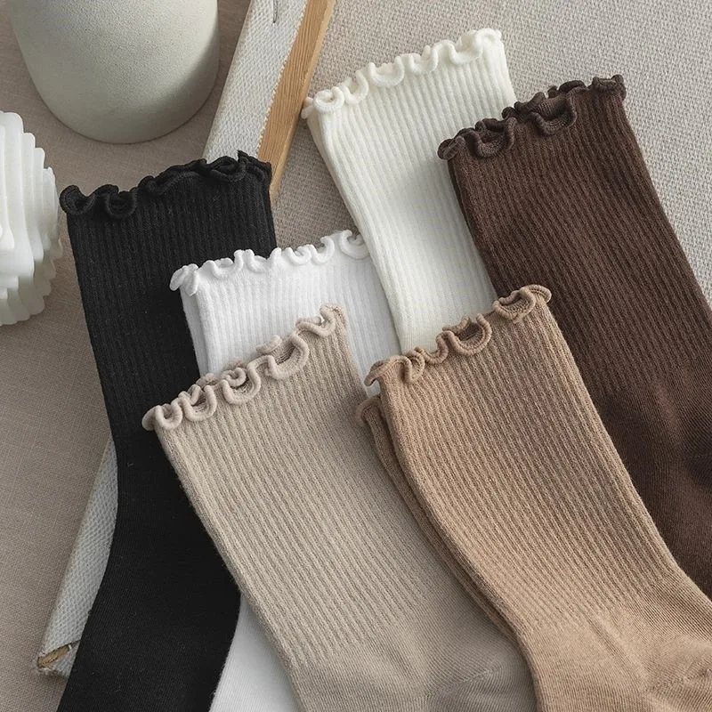 3 Pairs Autumn Winter High Value Black Mushroom Edge Mid-calf Women Socks Casual Elegant Solid Color Cotton Socks Kawii Socks