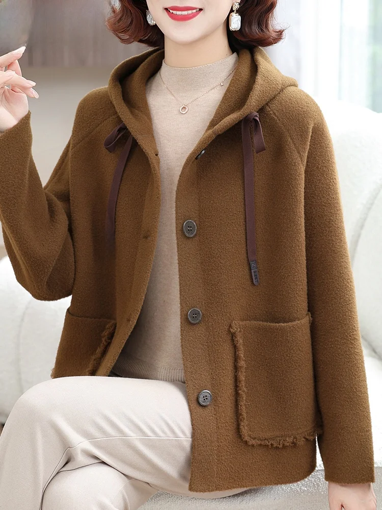 

Повседневное шерстяное пальто для женщин среднего возраста, осенне-зимнее, модное, с капюшоном, на пуговицах, из полиэстера, прямого кроя