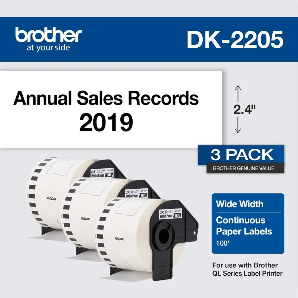 Brother DK-22053PK Rotoli per etichette in carta continua bianca, 2,4 x 100 piedi, confezione da 3