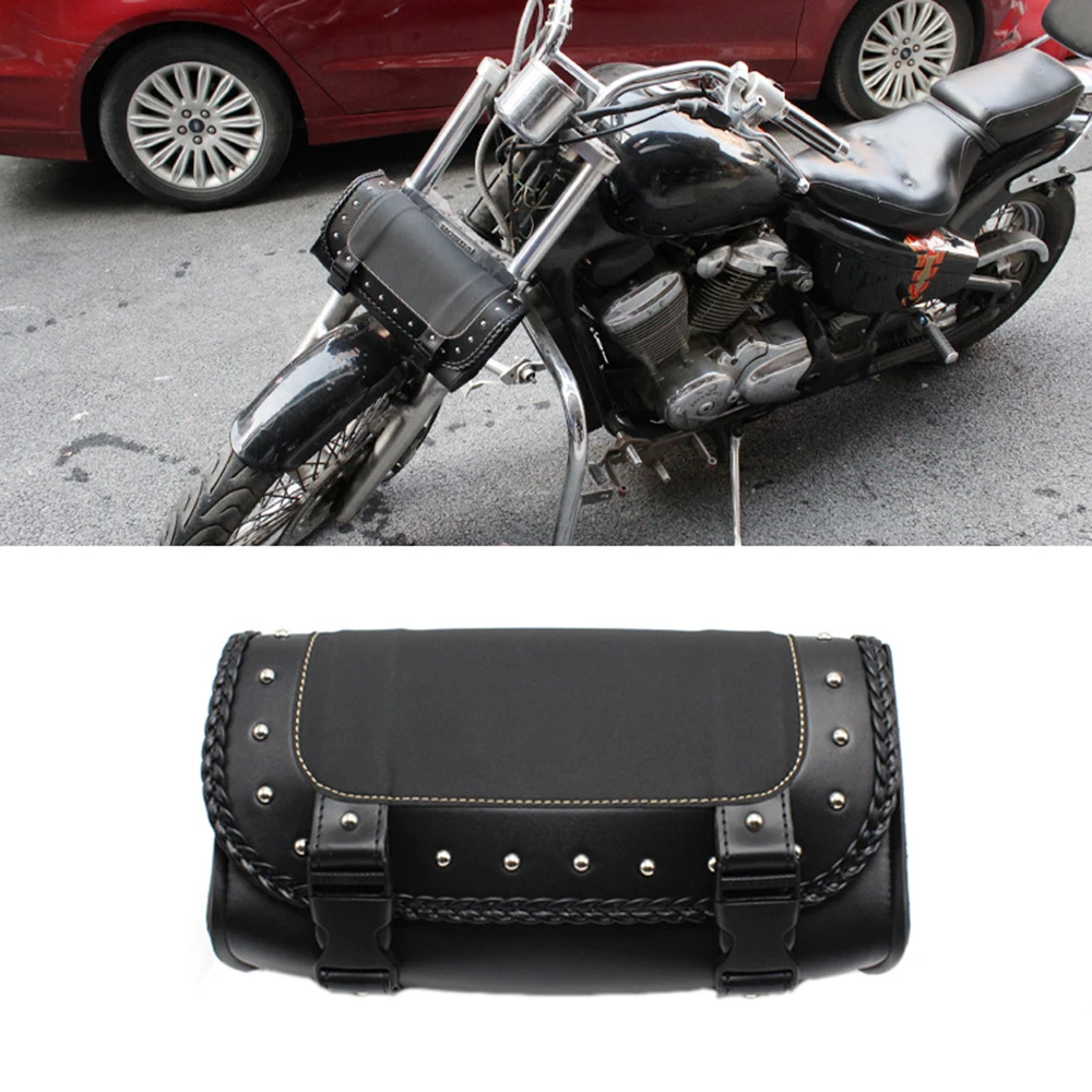 

1pc Waterproof Motorcycle Front Fork Handlebar Bag Black PU SideTool Saddlebags Universal