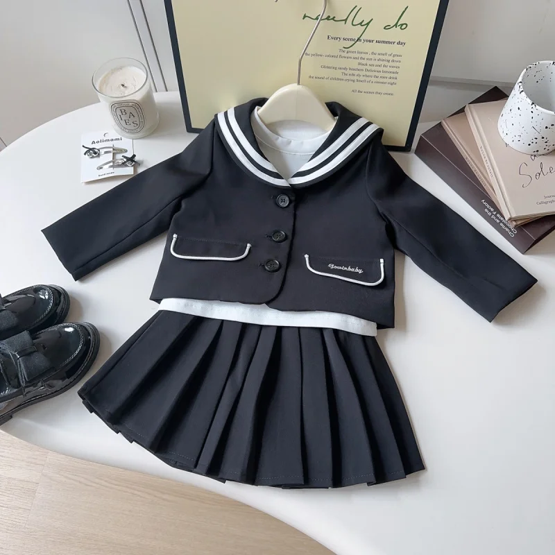 

Girls' College Style Outfit Spring and Autumn New Baby Girl Jacket Base Shirt Pleated Skirt Three-Piece Set