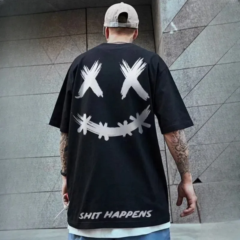 

2025 г., свободная модная модная футболка с принтом американского улыбающегося выражения, удобная повседневная мужская универсальная одежда для пар