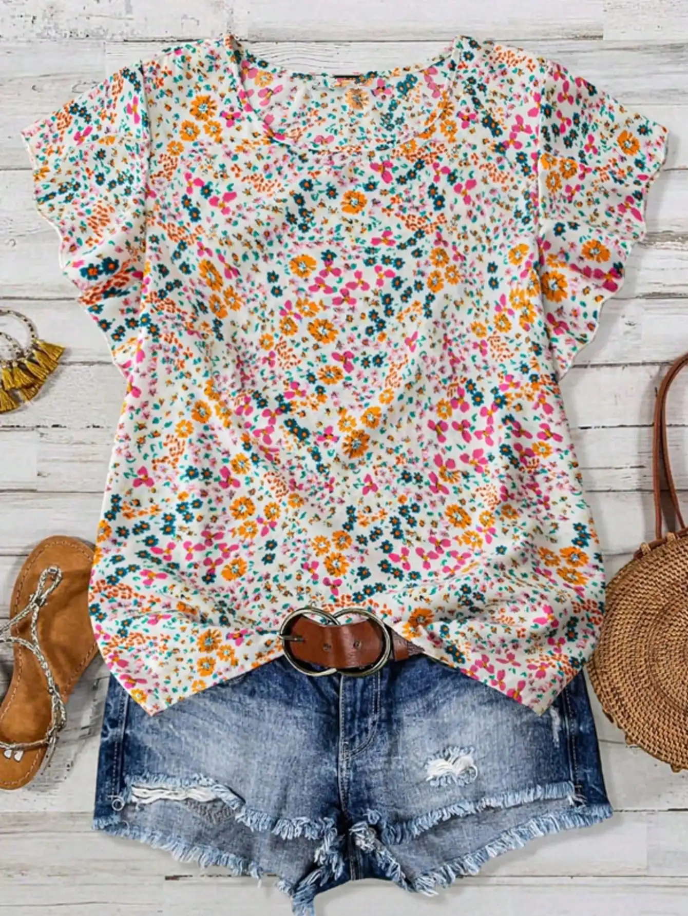 

Women Ditsy Floral Round Neck Short Sleeve Blouse Spring Summer Vacation
