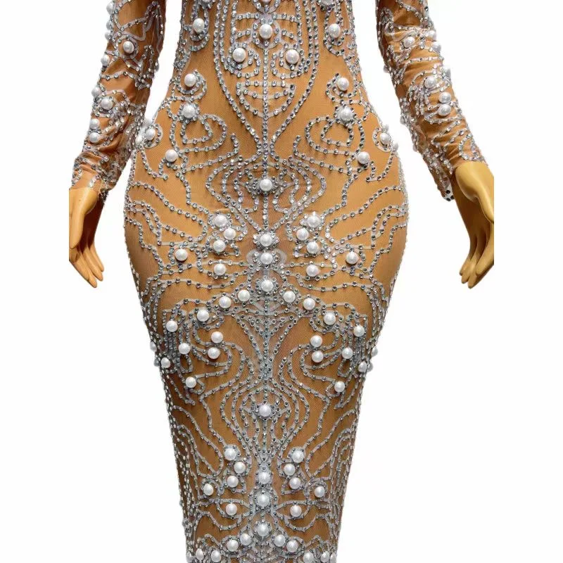 Luxury Sexy Light Brown Long sleeved Crystal Diamond Pearl Tulle Elastic Dress Elegant Party Evening Dress Performance Dress