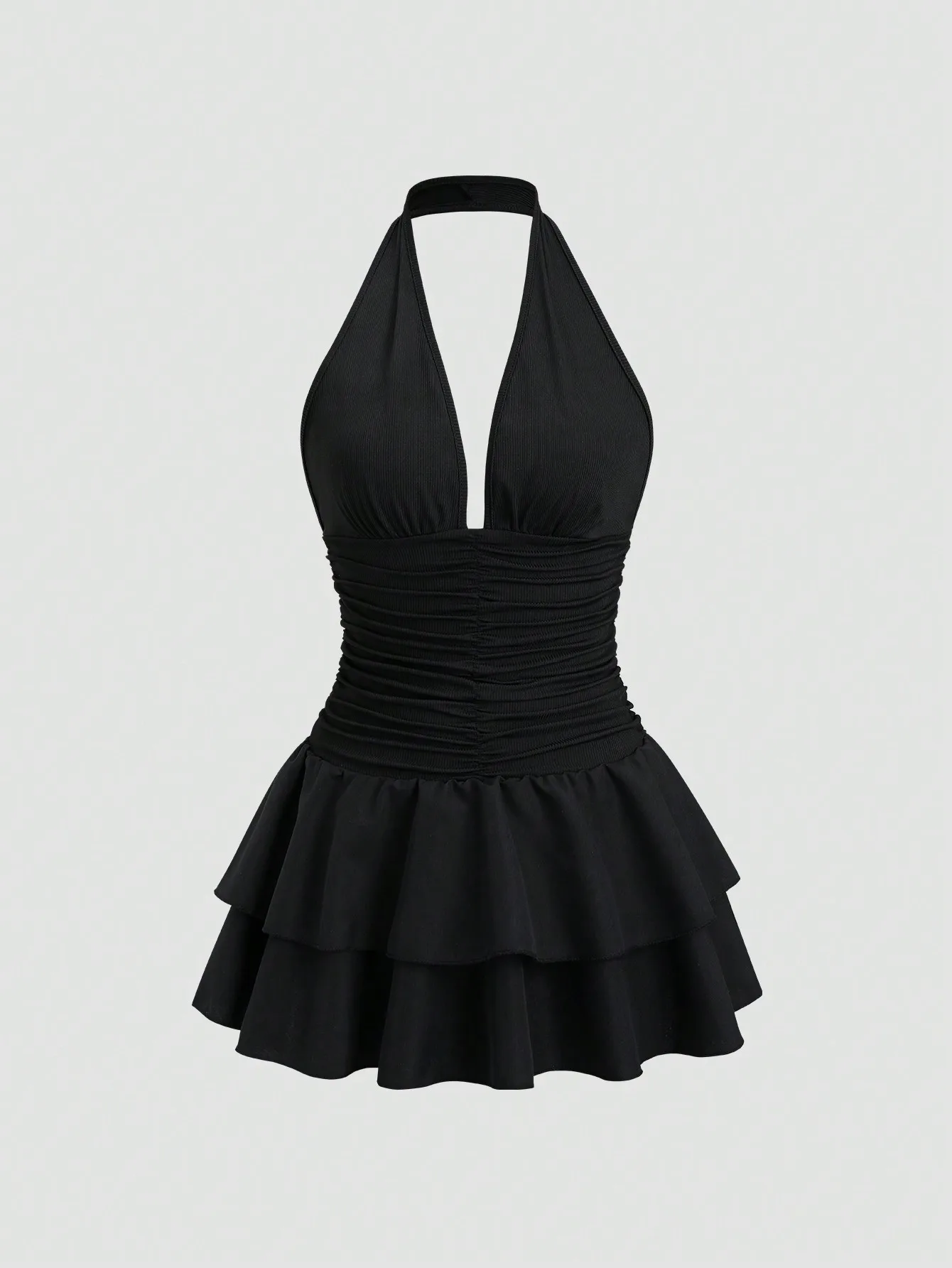 Black Knit & Woven Patchwork V-Neck Ruffle Backless Mini Dress With Ruched Waist, Simple Elegant For Vacation Casual Daily Wear