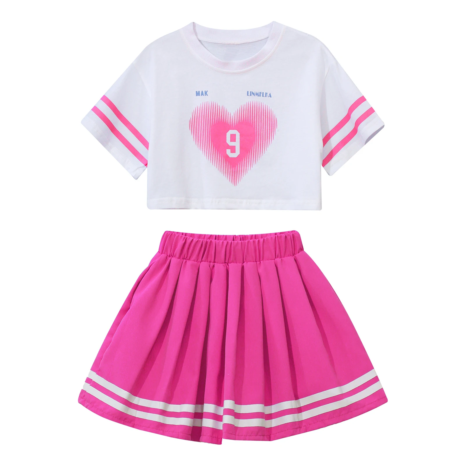 

Kids Girls Cheerleading Uniform School Girls Modern Jazz Dance Costume Short Sleeve T-shirt+Pleated Skirt Set Street Dancewear