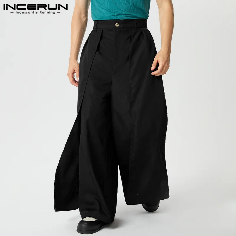 

Мужские широкие брюки INCERUN, однотонные, на пуговицах, свободные повседневные брюки-джоггеры, асимметричные, мужская уличная одежда, модные длинные брюки 2026 года