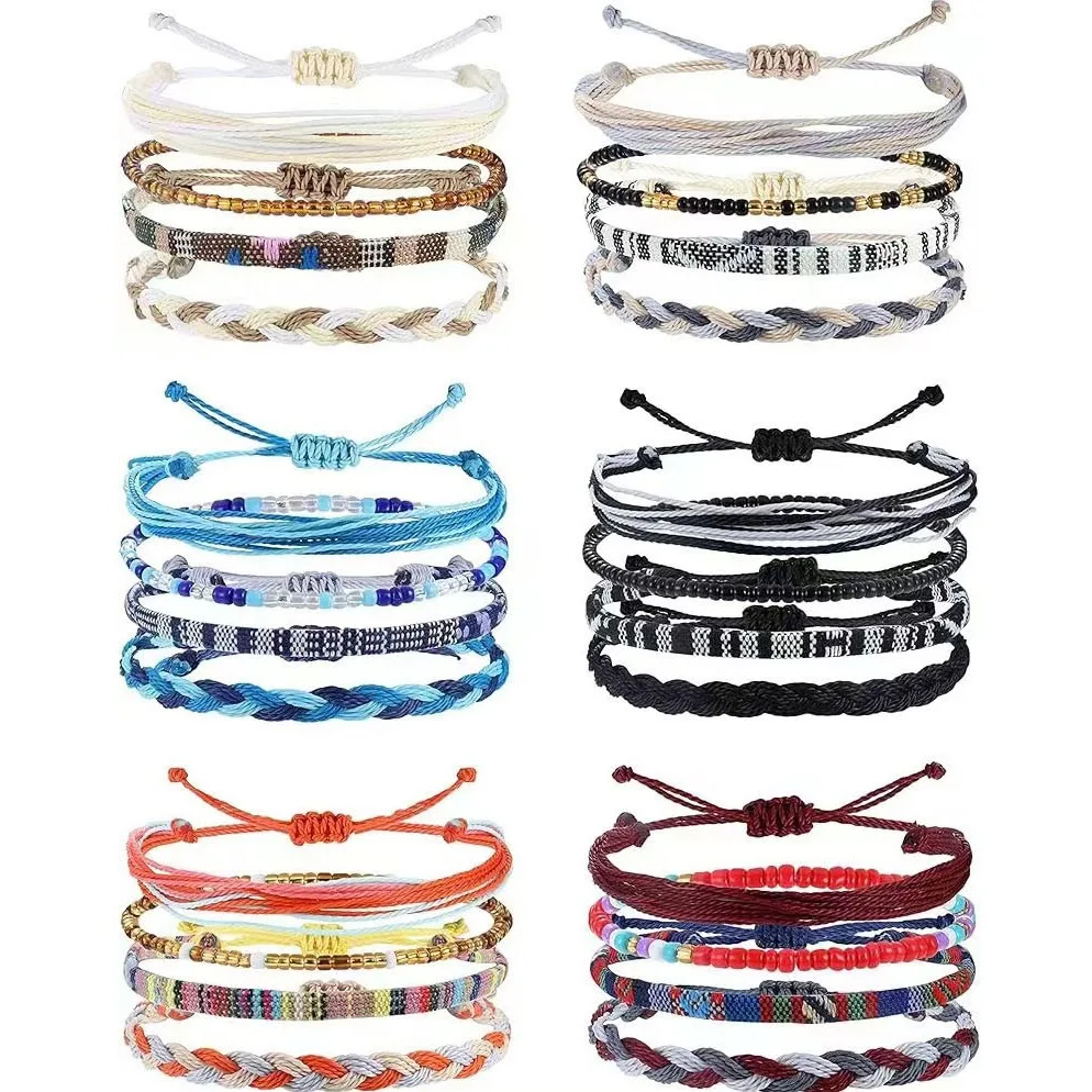 4 /24 Uds pulsera de surfista bohemia tobilleras pulsera trenzada cuerda colorida pulseras de tobillo joyería de playa de verano impermeable