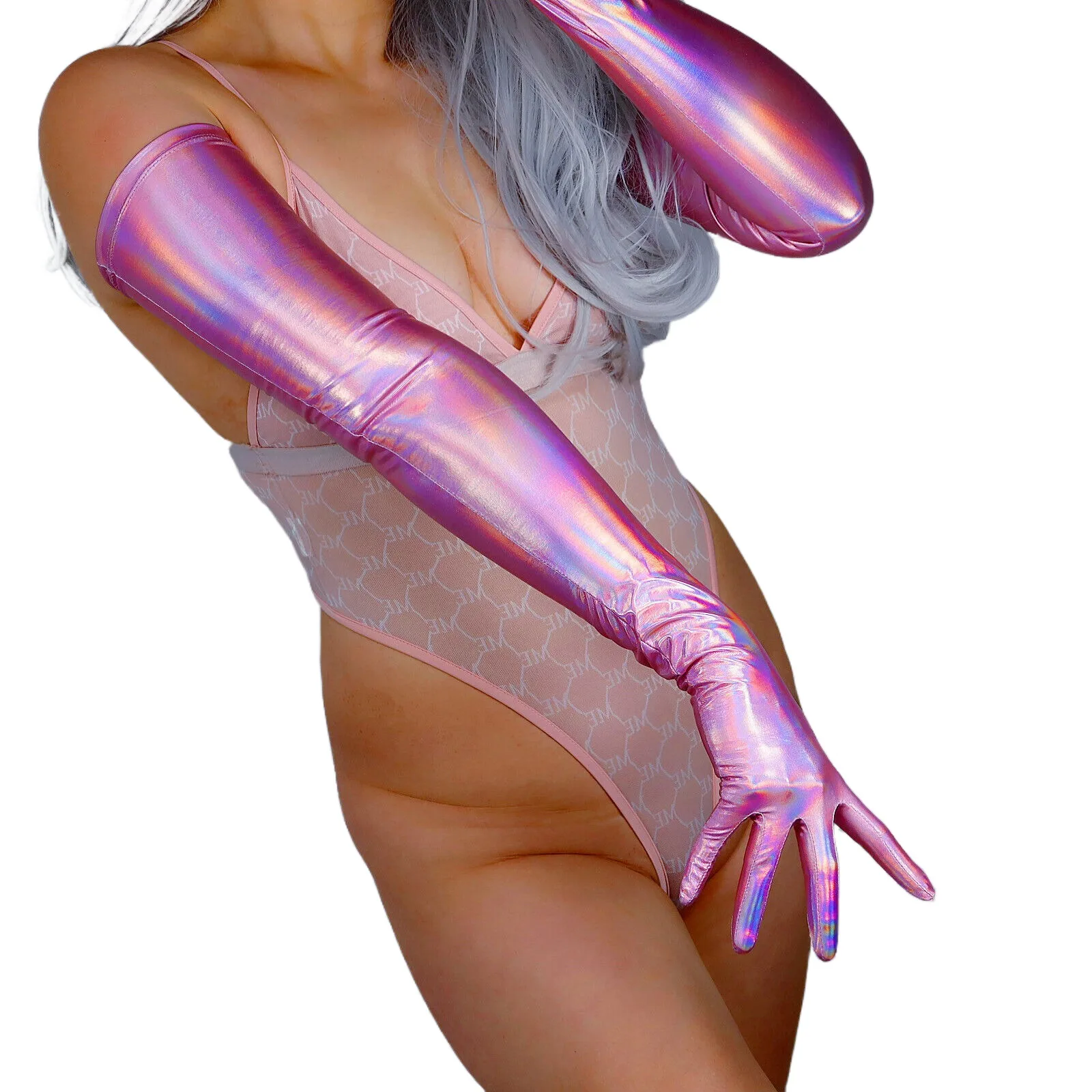 DooWay Women's Fashion HOLOGRAPHIC GLOVES Light Pink 70cm Extra Long Liquid Metallic Shine Evening Party Nightclub Opera Glove