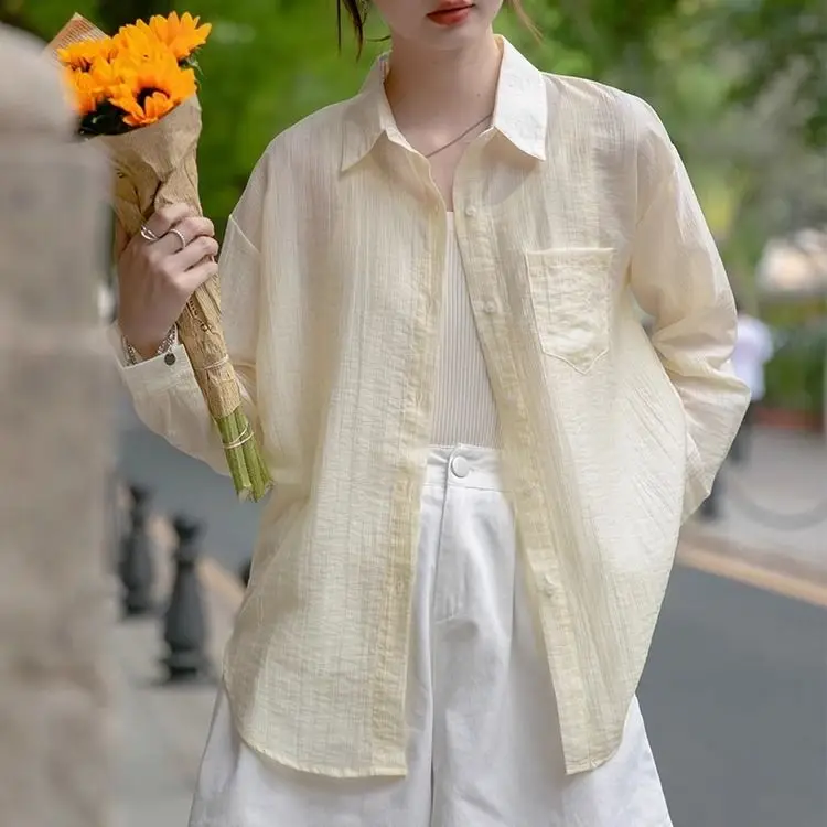 

Sun Protection Silk Shirt Women's Loose Long Sleeve Casual Thin Outerwear Commute Collar Design Summer Fashion Top