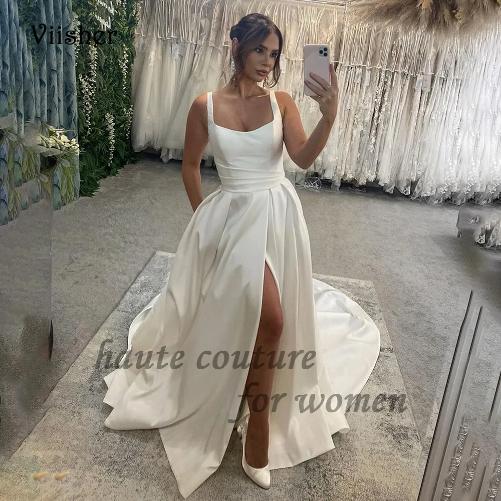 Marfim Vestidos De Casamento Com Bolsos De Fenda, Vestidos De Noiva Civis Simples Com Trem, Vestido De Noiva De Praia Longa, Pescoço Quadrado