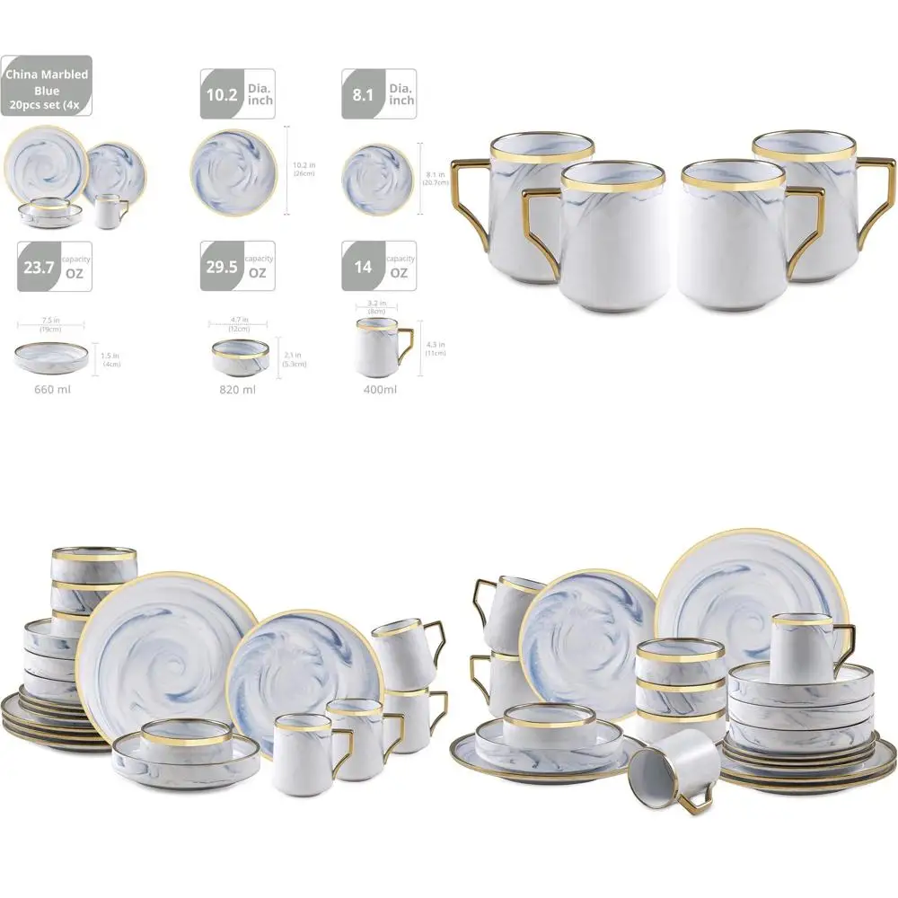 Juego de Vajilla de 20 Piezas con Diseño Marmoleado para 4 Personas, Apto para Lavavajillas, Azul con Detalles Dorados, Resistente a los Arañazos