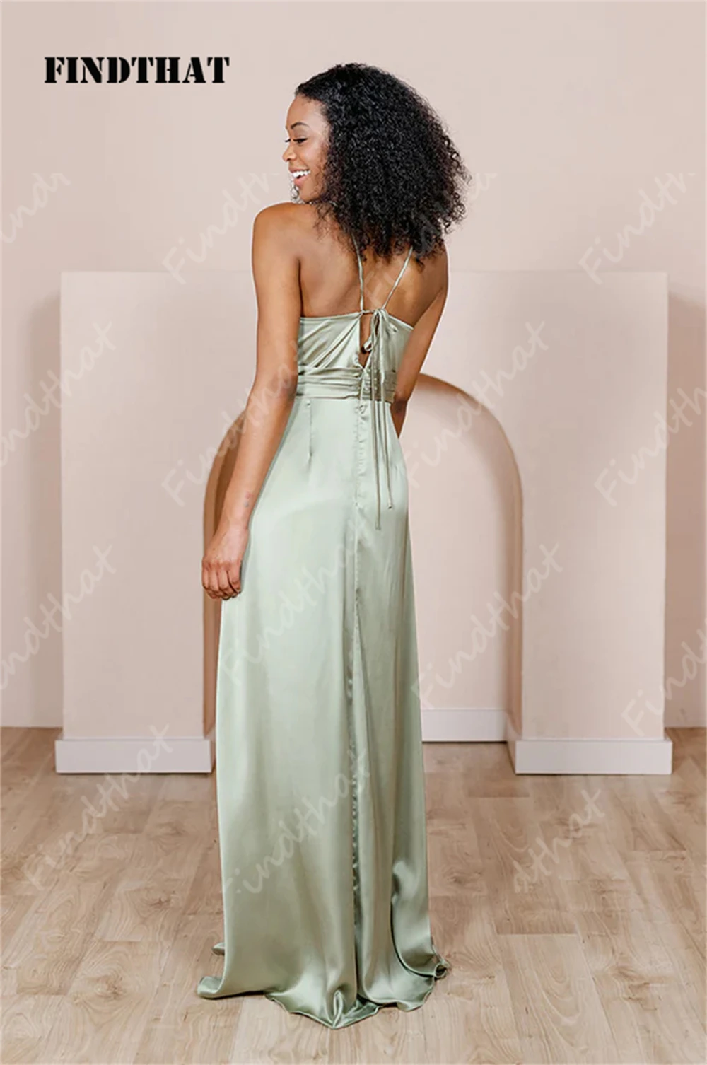 Findthat Simple Halter Sleeveless Satin Bridesmaid Dresses 2024 Asymmetrical A-Line with Pockets Party Cocktail Gown Zipper Back