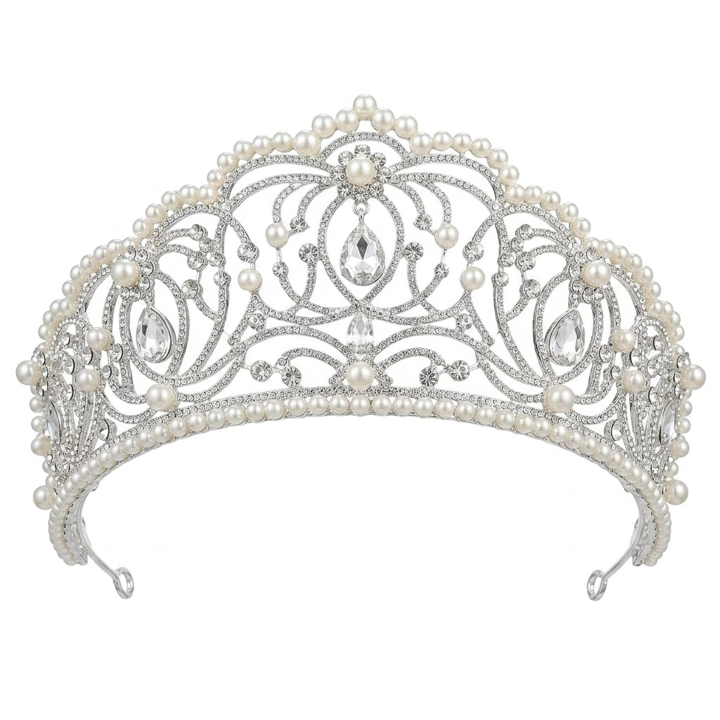 Rhinestone Crown for Wedding Bride Elegant Pearl Tiara Hairpiece Bridal Headband Accessories for Party Prom Formal Events view 6