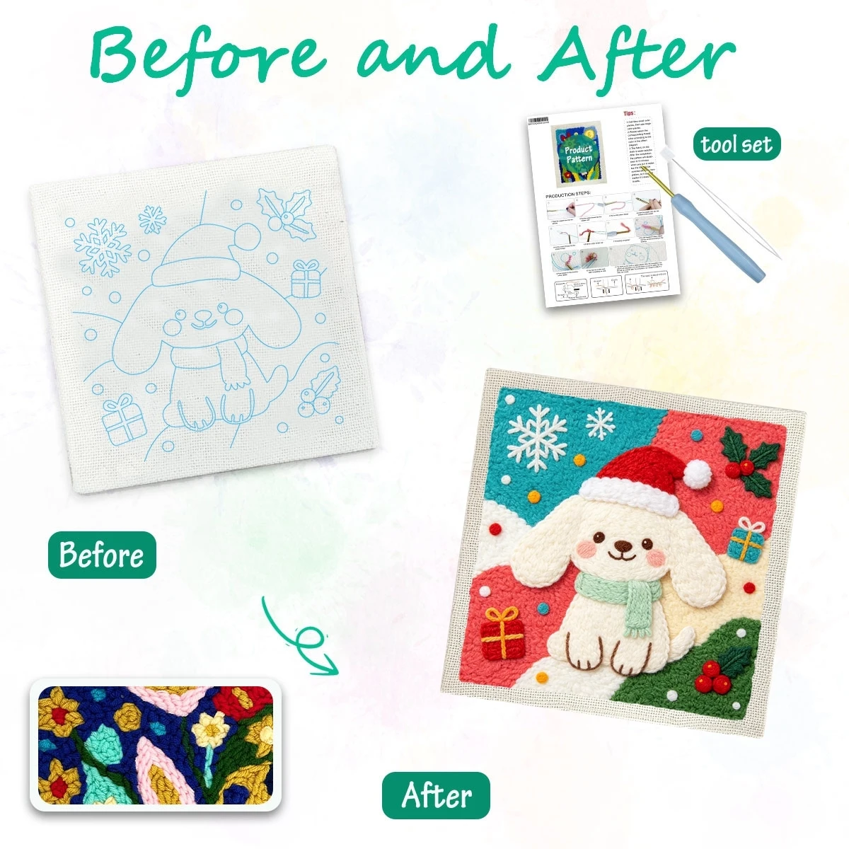 1 Set Weihnachts-Welpen DIY-Stickerei-Set für Anfänger, Stickerei-Starter-Kit, Kreuzstich-Kunstgeschenk, Nadelarbeiten – Detail 1