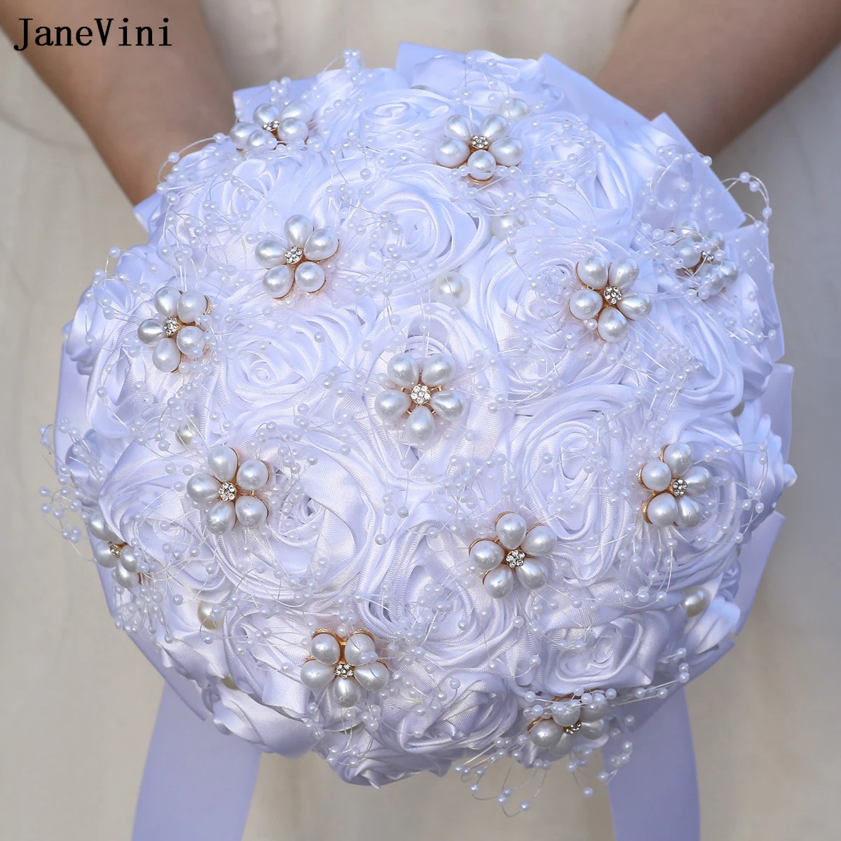 

JaneVini New Elegant Bridal Holding Bouquets with Pearls Artificial White Satin Roses Bridal Bouquet Flowers Wedding Accessories