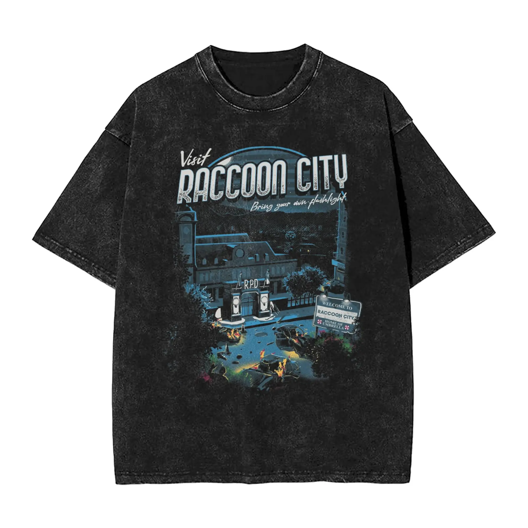 

Resident Evil Men's T Shirts Washed Visit Raccoon City Novelty Tees Short Sleeve Crewneck T-Shirts Cotton Printed Clothing