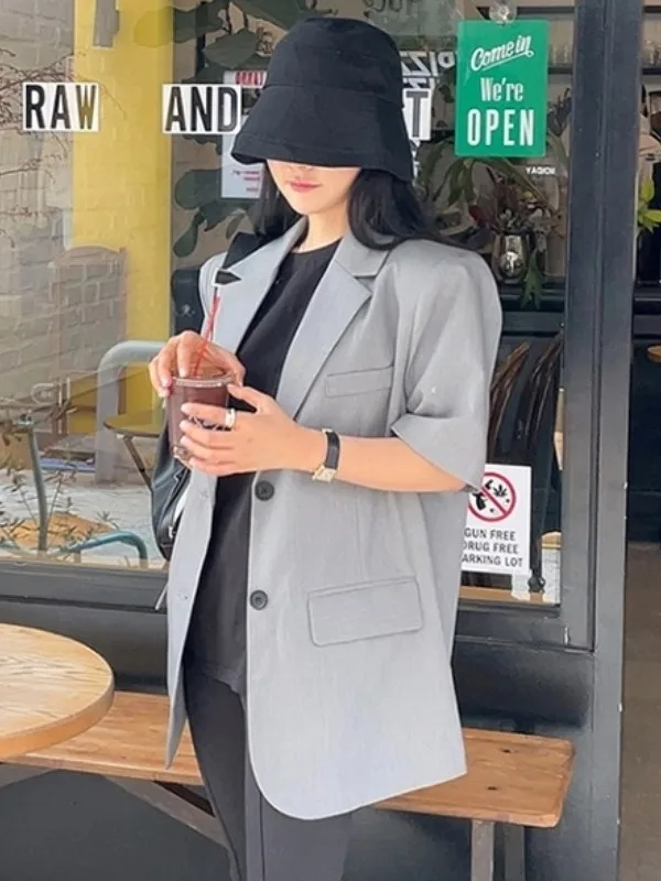 

mat Retro Lapel Open Ba Design Loose ort Sve Suit Jaet Versatile Chic Women's Faion Spring 2025
