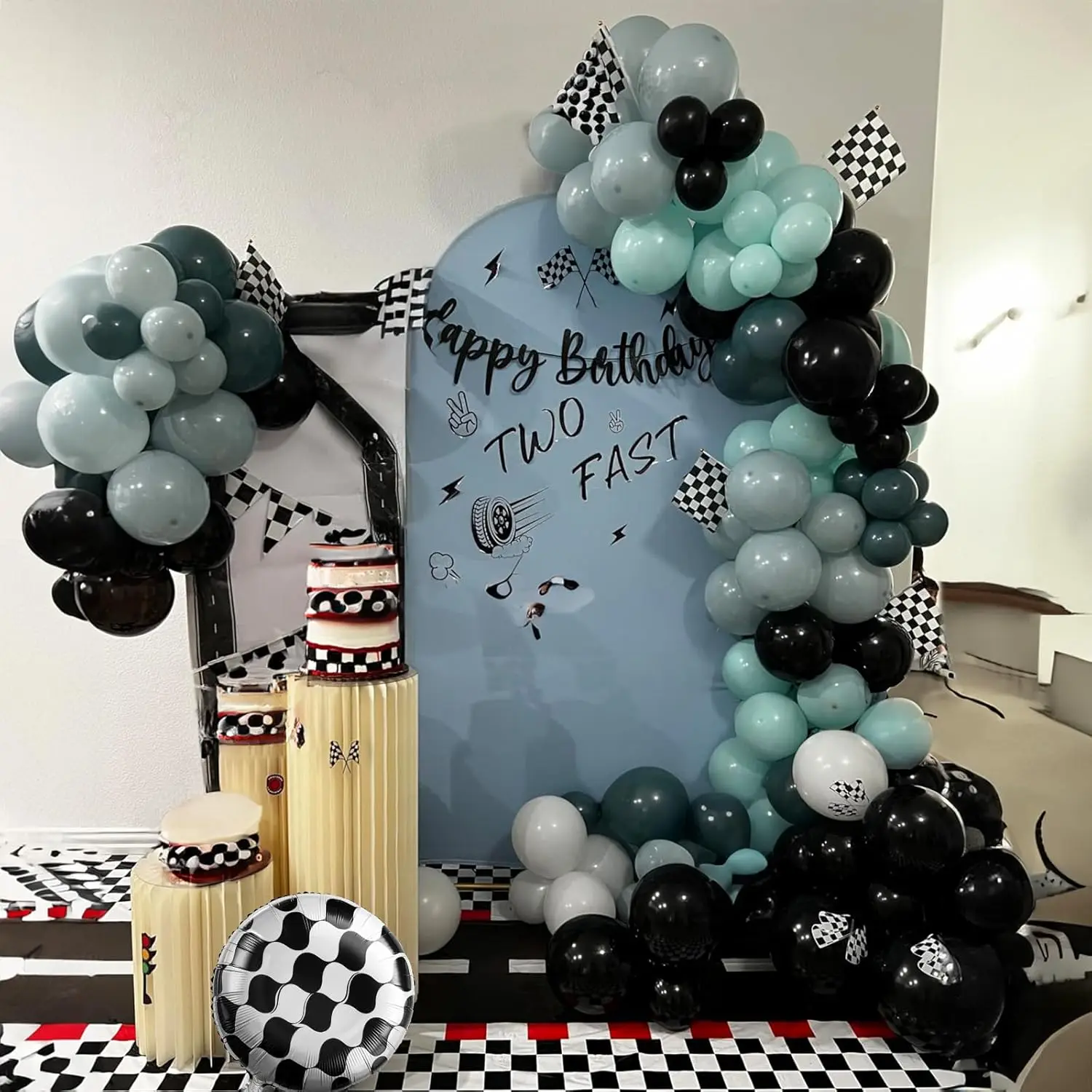 Race Car Balloon Arch Kit Checkered Blue Black Sliver Balloons Garland for Racing Car Two Fast 2nd Birthday Party Decorations view 3