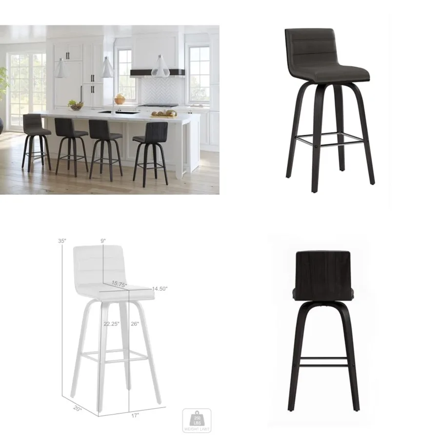 

Vienna Counter Height Barstool Brushed Wood Finish Faux Leather Kitchen and Dining, 6" Counter Height, Black/Gray, More color/s
