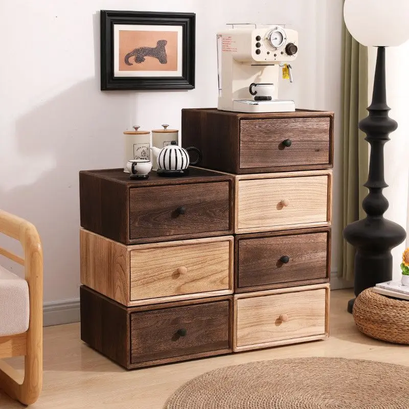 Solid Wood Free Combination Lattice Cabinet Paint Storage Organizer Bedside Table Stackable Plus Drawer Chest