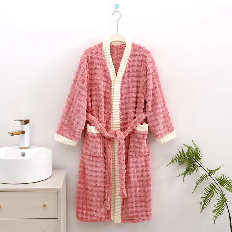 Wave Cloud Pattern Soft Absorbent Coral Velvet Bathrobe Women Winter Warm Robe Bath Robe Nightgown Home Clothes