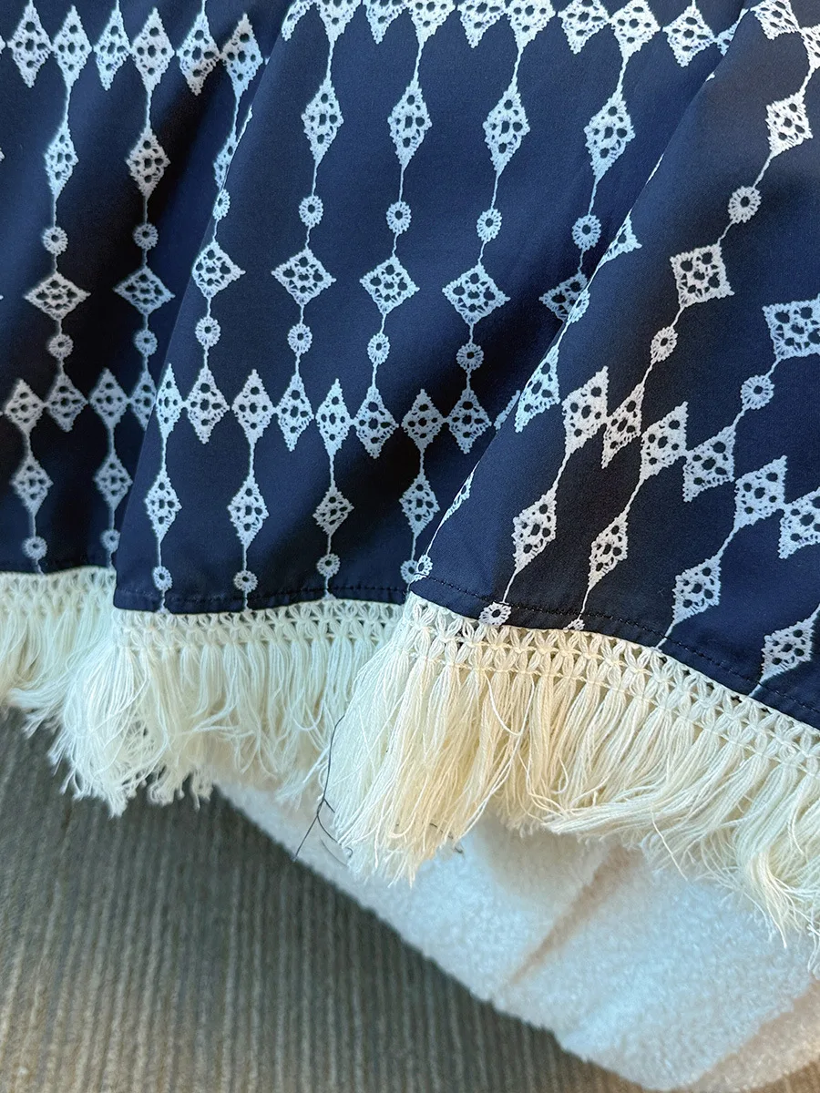 Gaun Motif Rumbai Leher-o Lengan Pendek Longgar Musim Panas 153 Dada Wanita Ukuran Besar 150Kg Biru 5XL 6XL 7XL 8XL 9XL