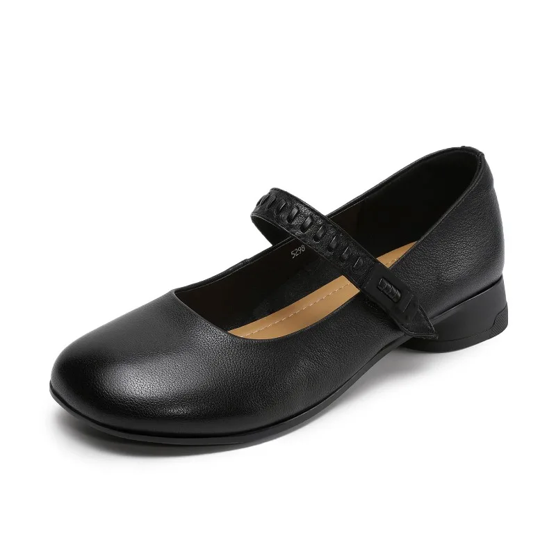 

Leather Mary Jane Shoes with Increased Height for Office Lady Large round Head One-Strap Soft Bottom Spring Autumn Winter