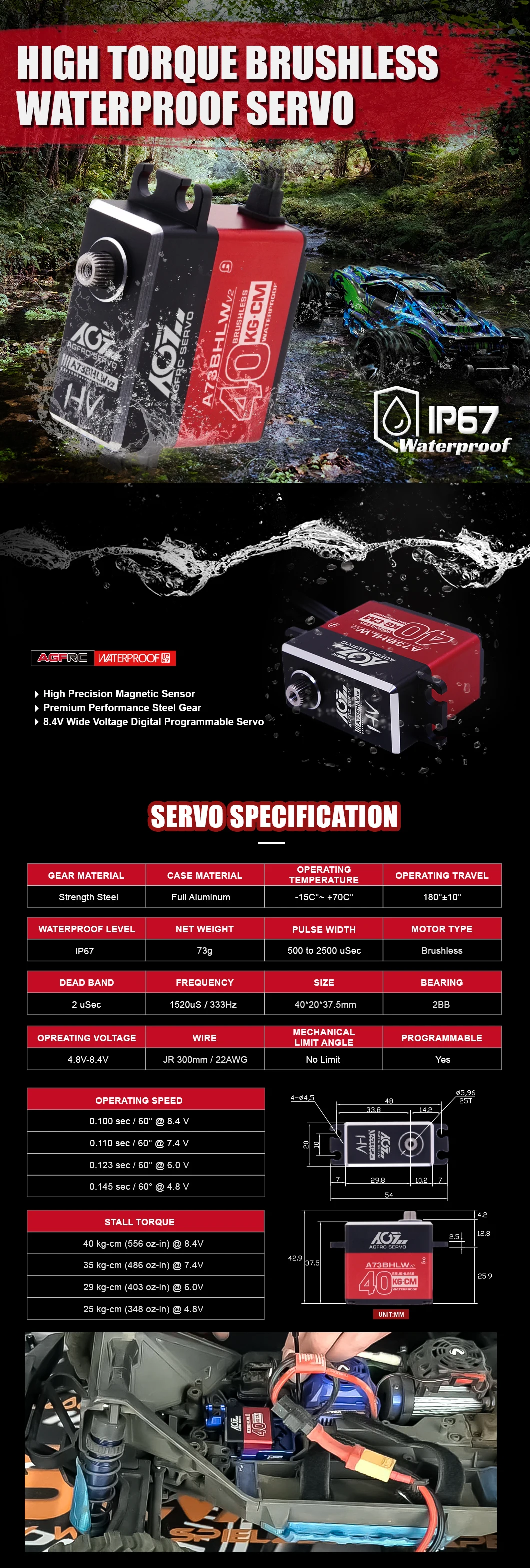 AGFRC A73BHLW V2 40KG 0.10Sec Superb Torque Brushless Waterproof Digital Servo For RC Models