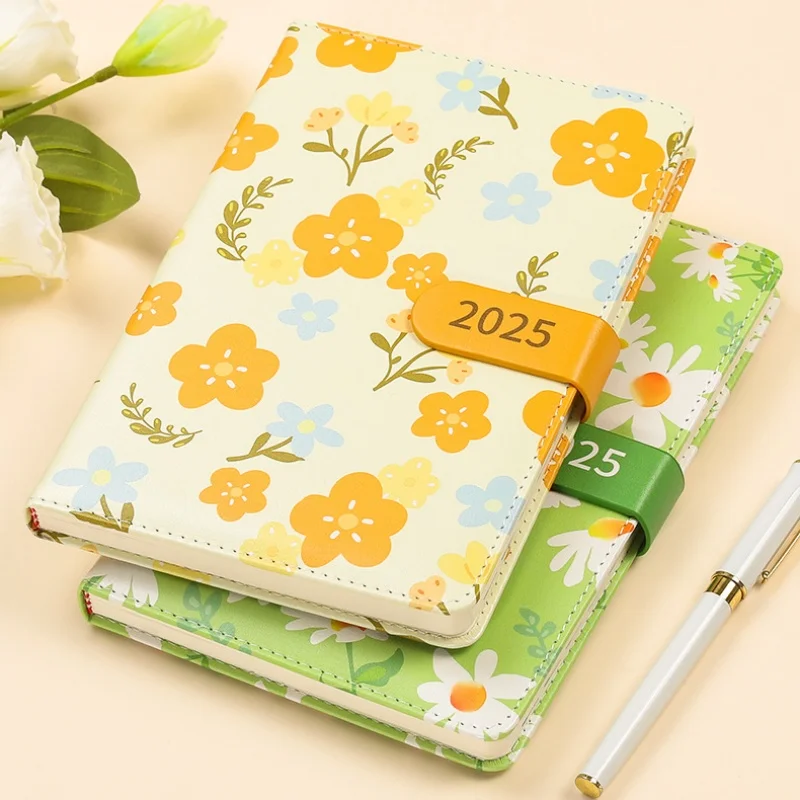 2025 Flower Daily Planners A5 Soft PU Leather 96 Sheet Agenda Notebook Time Management Efficiency Notepad Office School Supplies