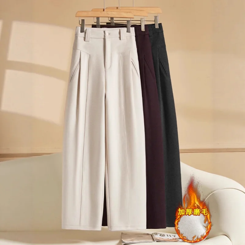 

Women's Woolen Straight Pants Winter Draped Soft Slim Scimitar Pants Thickened Elegant Narrow Pants