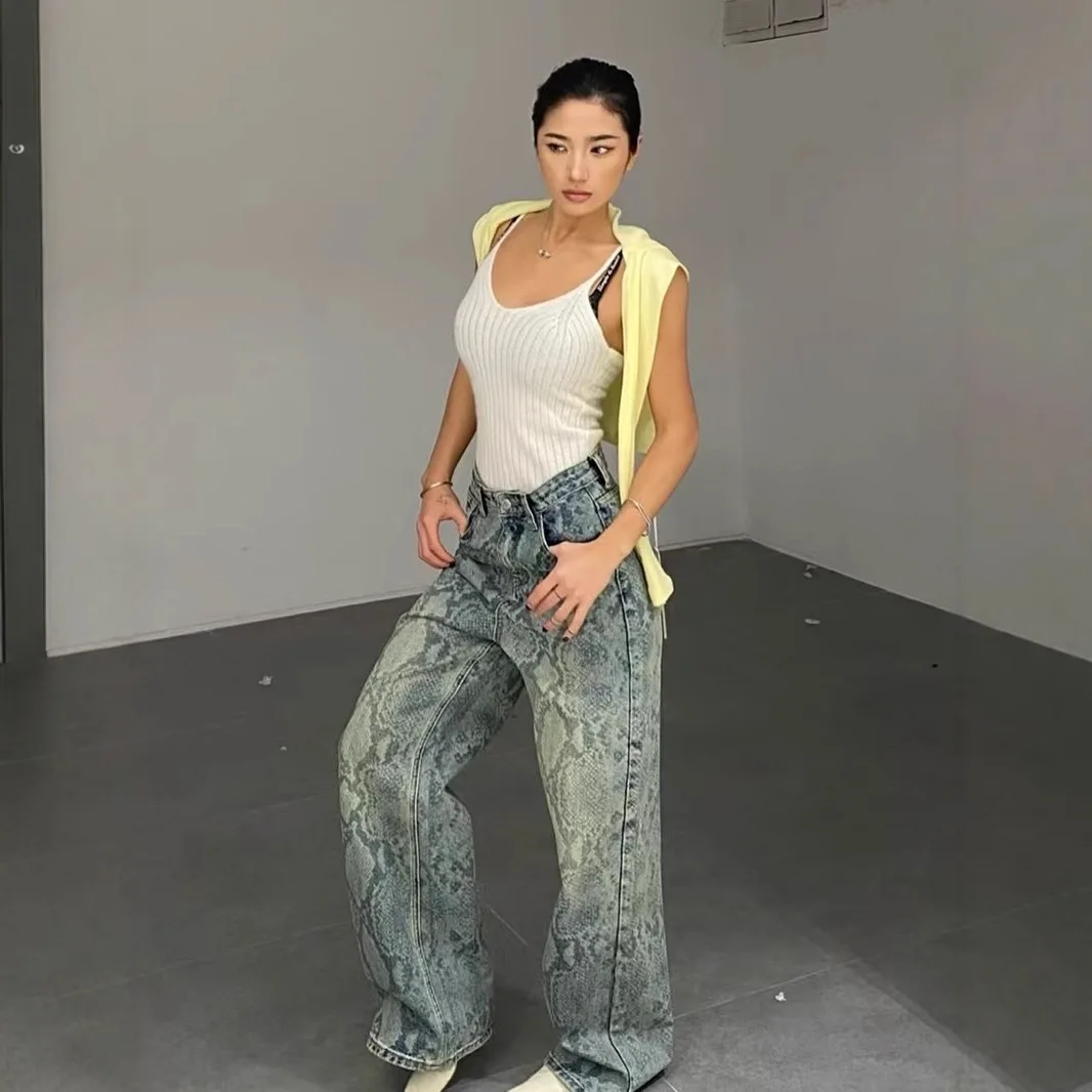 Wide Leg Denim Women Jean Print High Waist Jeans Full Length Trousers Loose Pockets Distressed Washed Vintage Zipper Fly
