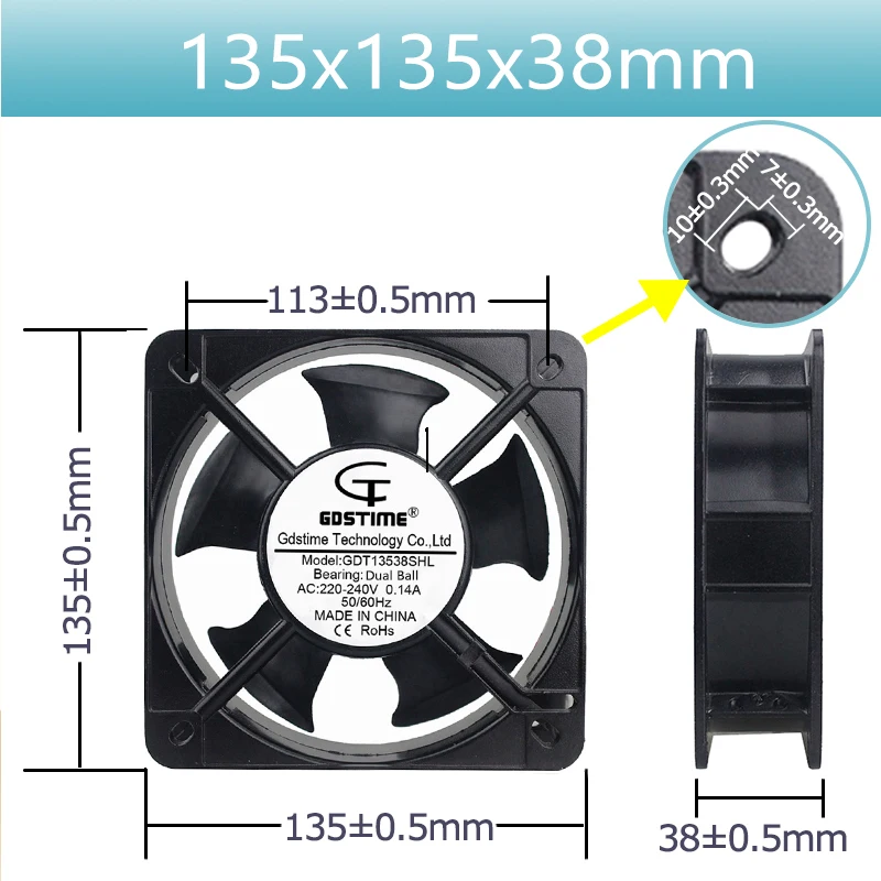 Imagem -05 - Gdstime 220v 240v 13cm 135 mm x 38 mm Duplo Rolamento de Esferas ac Ventilador de Refrigeração Axial Fio