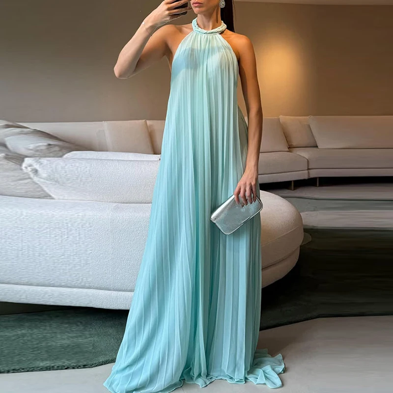 

Casual Sleeveless Chiffon Loose Dress Elegant Backless Pleated Halter Evening Dress Fashion Solid Color Floor-length Dress Lady