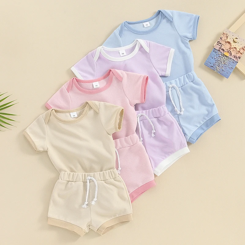 

0-18Months Baby Boy Girl Summer Outfit Patchwork Crew Neck Short Sleeve Rompers Elastic Waist Shorts 2Pcs Clothes Set