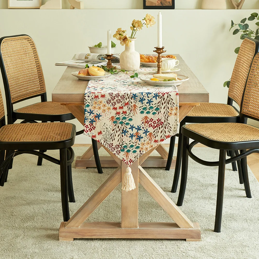 Luxurious Floral Jacquard Table Runner with Tassels, Heavy Polyester Cotton Texture for Dining Living, Elegant Home Decor