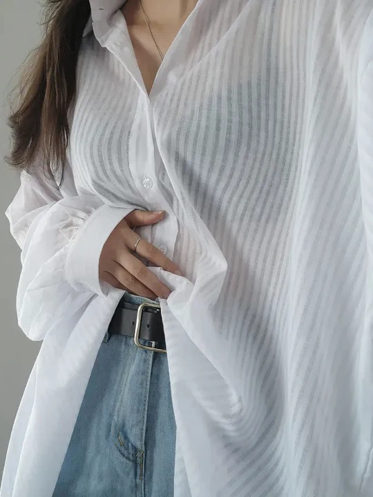 White Striped Women's Summer Lightweight Sun Protection irt Cardigan Design Lazy Sle Cotton Long Sve Button up Coat