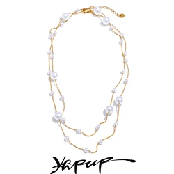 Yhpup 90+5 cm Elegant Simulated Pearl Beads Long Daily Sweater Chain Necklace 18K Golden Waterproof Chic Stainless Steel Jewelry