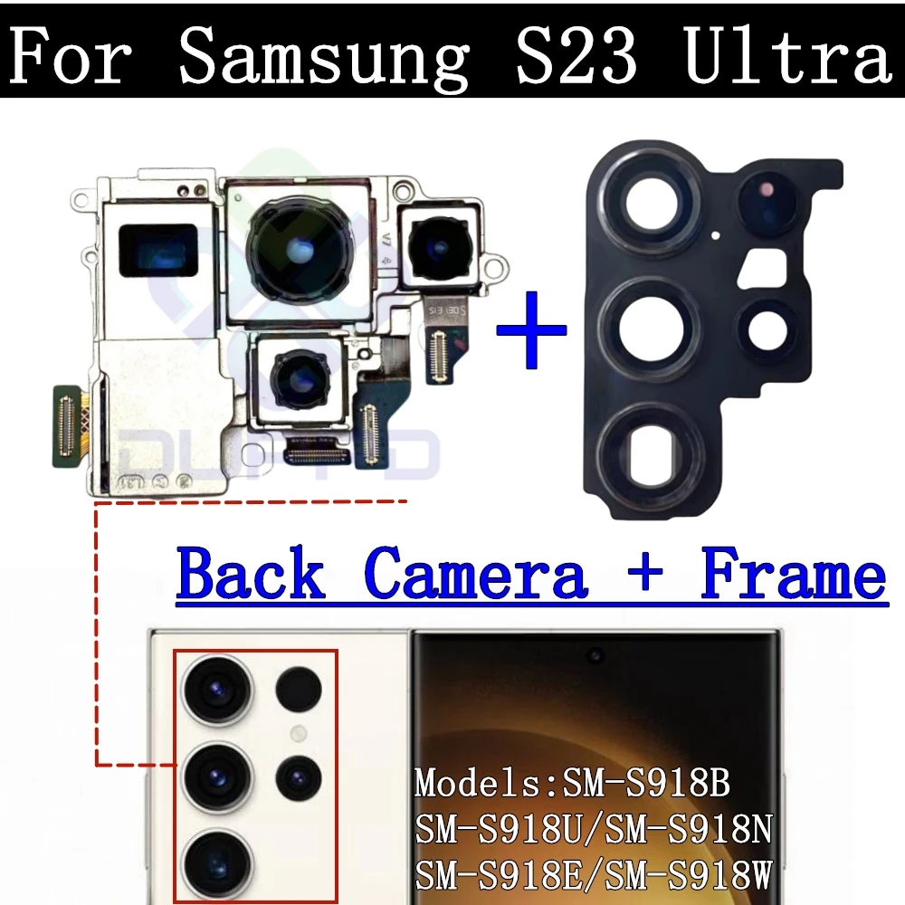 Rear Camera Module Flex Cable for Samsung Galaxy S23 Ultra, Front Selfie, Small Facing, Main Back Camera Frame, Glass Lens