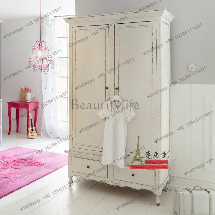

European solid wood carved wardrobe American country oak double door antique white wardrobe