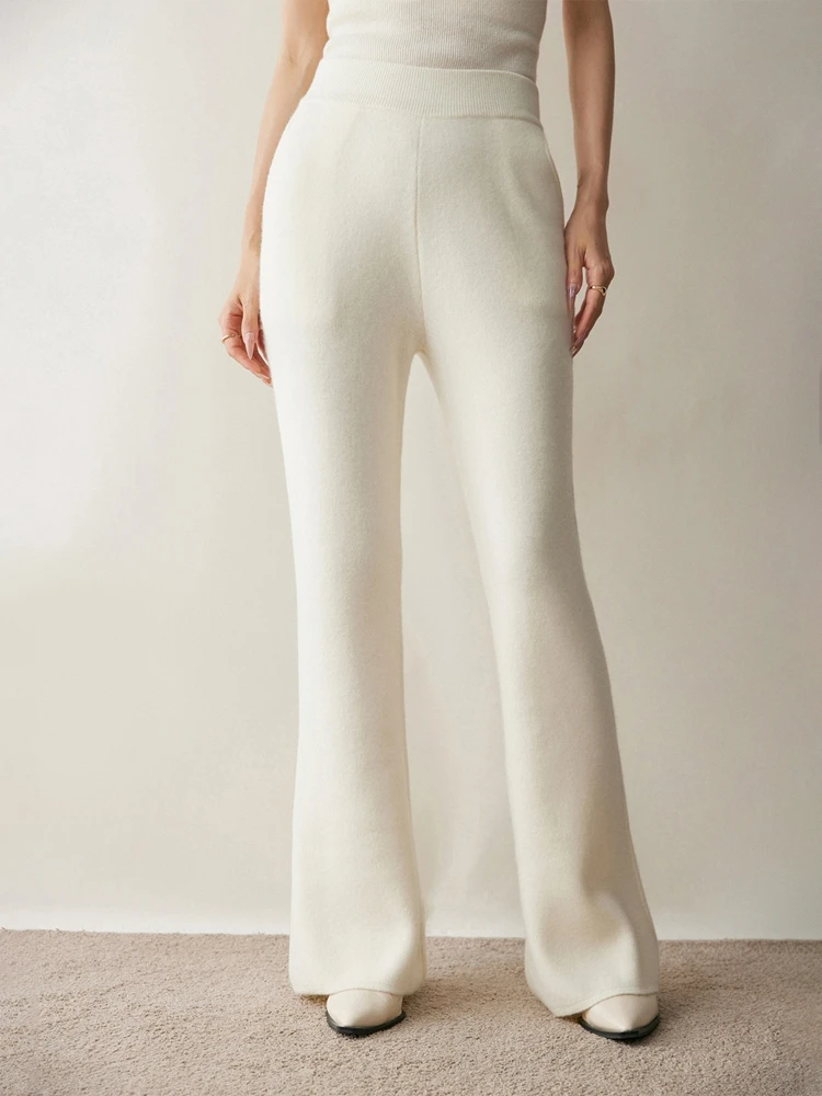 

Autumn Wintr New 100% Pure Cashmere Flare Pants Woman Soild Thick Warm High Waisted Pocket Floor Length Knitted Trousers Elegant