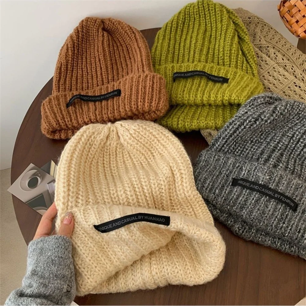 Fashion Women Warm Cap Simple Winter Wool Knitting Bonnet Solid Color INS Versatile Stacked Cap Knitted Hat for Women