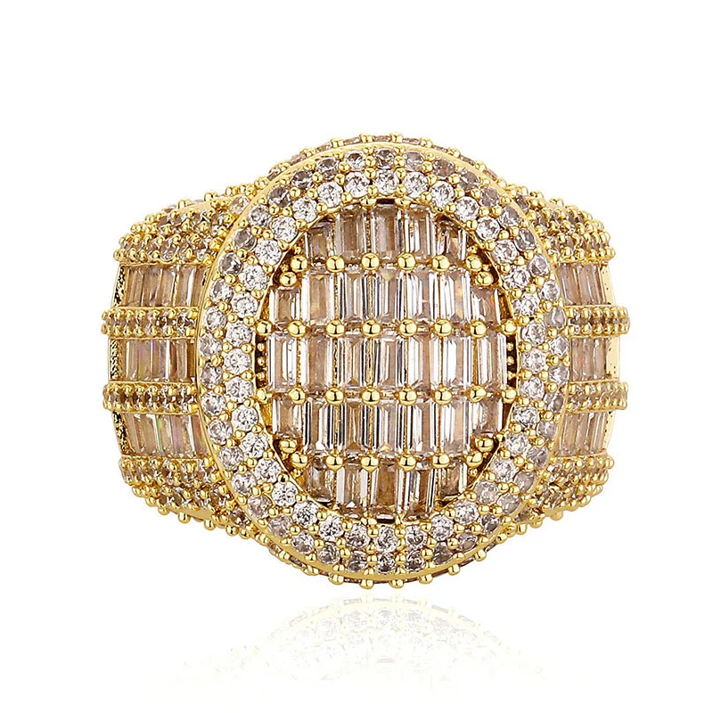 

Hip Hop 5A+ CZ Stone Paved Bling Ice Out Round Finger Rings for Men Rapper Jewelry Gold Silver Color Drop Shipping